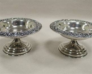 PAIR OF S. KIRK & SON INC. STERLING SILVER REPOUSSE' NUT DISH COMPOTES, NUMBERED 408. 2 5/8" TALL, 5" DIAMETER