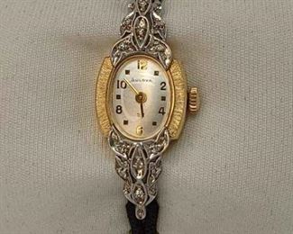 005 Vintage 14kt Gold Bulova 23 Watch With Diamonds