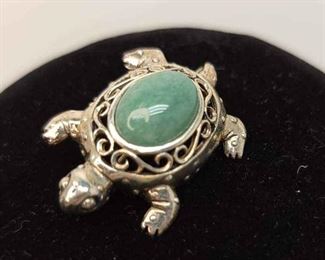 925 Sterling Jadeite Turtle Brooch