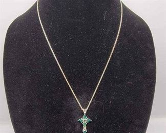 Sterling 925 Lenox Cross Necklace With Green Stones