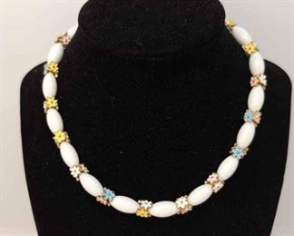 Vintage Trifari White Beads Pastel Enamel Flowers Necklace