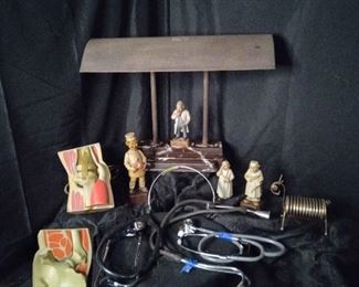 Antique Birthing Stethoscope Vintage Drs Desk Lamp, Wood figurines, Drs Basic Stethoscopes