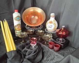 Assorted Vintage Possibly Fenton, Bottle, Amber Glasses, Bamboo Tray, Cranberry Candy Dish