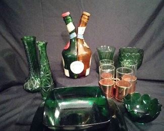 Benedictine 2 Compartment Bottle, Beucler Holders with Irish Glasses, Jewel Green Glasses And Vases