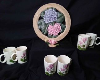 Rose Pottery Decoration, Rose Decoration, and Vintage Otagiri Cyclamen Coffee Mugs