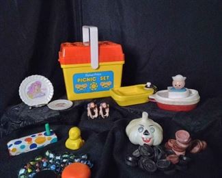 Vintage Cats Eye Marbles 35, Fisher Price Picnic Set, Checkers