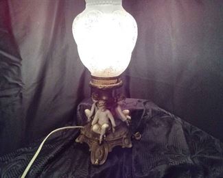 Vintage Cherub Statue Lamp with Ruffled Fenton Globe
