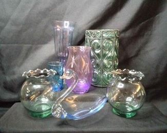 Vintage Colored Glass Vases, Glass Swan Candy Dish