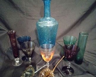 Vintage Hand Blown Wine Sherry Glasses, Colored Bud Vases, Hand Blown Flower Stem, Vintage Blue Gl