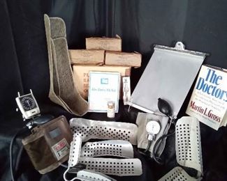 Vintage Medical Supplies, Metal Splints, Elastic Rib Belt, 2xBlood Pressure Cuffs,