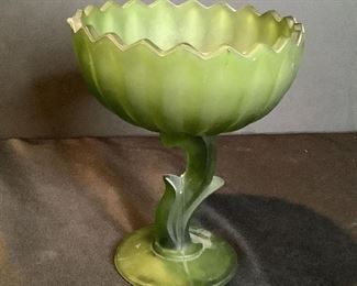 ndiana Satin Glass Candy Compote Dishes
One green satin glass tulip/lotus blossom compote/candy pedestal dish. Stem looks like flower stem.7.5"Hx6"W One green satin glass fruit/compote pedestal dish with teardrop and scalloped edge. 7.5"Hx7.5"W. No visible cracks or chips.