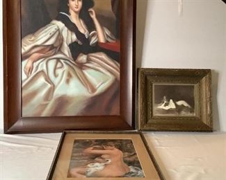 Framed Prints of Ladies
Three (3) prints of Ladies: one (1) copy of Renoir's "After the Bath" by E @ 74 H24" x W18" frame scratched/dinged. Nude reading by Henner H17" x W19.5" x D3" ornate frame scuffed. Lady in cream dress w/black slash (no artist) H44" x W31" brown wood frame scuffed.