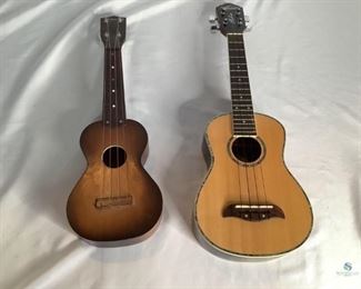Pair of Ukuleles
One Oscar Schmidt by Washburn Aloha four string ukulele. Light and dark wood with abalone shell accent trim. Model OU-3. Good condition. One 1960'2 Silvertone four string ukulele. Dark wood shows some wear on the edges.