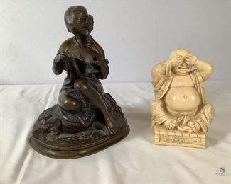 Buddha Statue & Female Sculpture
One cream colored Buddha statue made in Italy, 7"H. One woman and bird sculpture, possibly from Jean-Jacques Pradier (1790-1852). First half of 19th century, possibly neoclassical-bronze. Very heavy and 10"H. No visible damage.