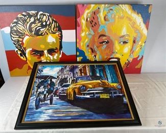 Modern Canvas Paintings
Three paintings on canvas. One isa facial portrait of James Dean, 28"Hx28"W. One is a facial portrait of Marilyn Monroe, 28"Hx28"W. The other is a taxi car/ street scene in a black frame. 26"Hx34"W. No visible damage.