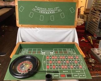 Casino Game Boards
Casino game boards including Black Jack, Roulette, & Craps. H7" x W47" x D21". Several sets of chips included (unknown if complete sets). Good condition