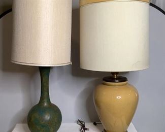 Lamps
Two (2) large lamps. One (1) blue/green base H43" at tops of shade x 10" diameter base. Damage to shade (see photos) Gold crackle base H42" at top of shade x 10" diameter base. Water stain on shade and scuffing on base. Both plugged in & turned on
