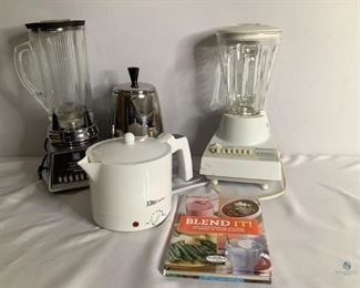 Blenders and Pots
One Hamilton Beach blender. One Waring blender. One electric Farberware coffee pot. One Elite Cuisine electric pot. All are in unknown working condition. Also include Blend It book.