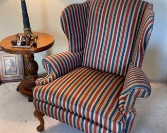 SOLD - Ethan Allen Upholstered Wingback Armchair with wrapped cushions in antique blue & red stripe. (new price was $950 with original receipt in hand) 38"W x 32" D 