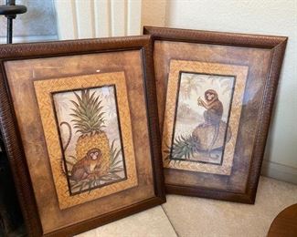 $ -70.00 - Pair of  Pineapple Monkey Prints, Framed Beautifully - outside frame width is 14" W x  18" H