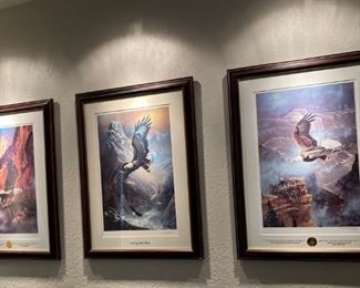 Set of 3 Signed, Framed and Matted Prints by TED BLAYLOCK, "Save the Eagle, Proud and Free. Franklin Mint, 24k Seal
