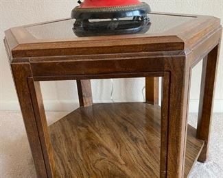 $ 48.00 -  Vintage Hexagon Side Table  with Rattan and Glass Inlay Top (few minor scratches)