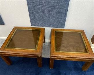 $ 80.00 - Pair of Vintage Side Tables with Rattan and Glass Inlay Tops (some minor scratches)