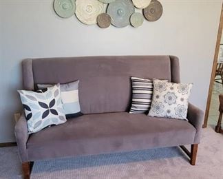 67" Gray Velour Settee Loveseat with Decorative Pillows
