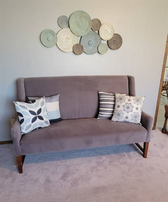 67" Gray Velour Settee Loveseat with Decorative Pillows