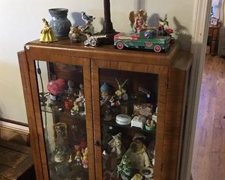 Curio cabinet, lamp , Craftsman truck tin with tools