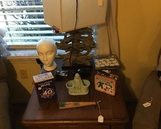 End table, lamp, Texas Rangers 40th anniversary mug