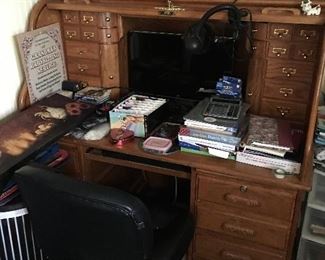 Roll top desk, office chair