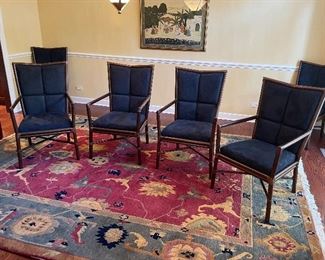 Dining chairs by McGuire San Francisco.  Pole rattan, navy upholstery.