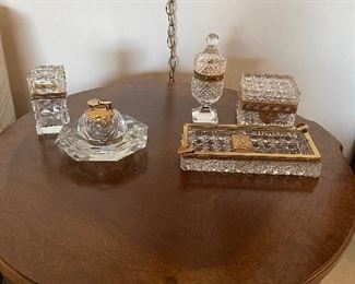 Baccarat style crystal ormolu lighter, box with key and ashtray.