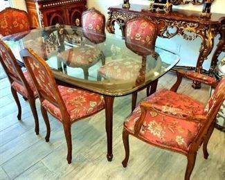 Italian walnut glass top 6 chairs dining table 