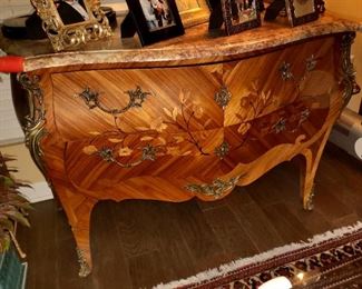 19th century French Inlaid Bombe marble top commode , 1900's Circa 