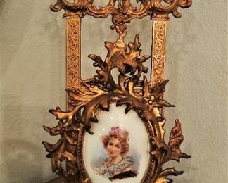 Antique Italian Porcelain Plaque in Bronze Gilt Frame and Easel , Some Repaired 