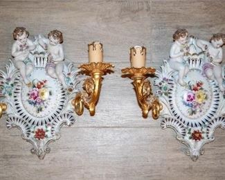 Pair Of Continental Porcelain And Gilt Bronze Sconces 