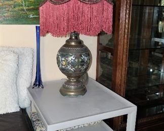 Antique Bronze Champleve with Victorian shade Table Lamp, Henredon End Table 