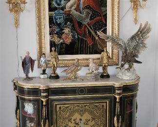 Antique French Boulle Credenza/ Persian Hand Knotted Rug / Pair Of Gilt Bronze French Sconces , Pair of Antique Spelter Italian Roman Soldiers 