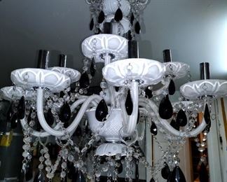 Pair of 12 Lights White/Black Strass Crystal Chandeliers, 32" W x 36" Long