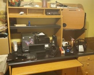 Desk, printer, office supplies