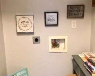 Meditative space, small desk and seat, inspirational art