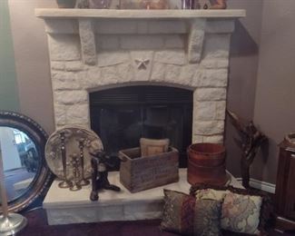 Hand carved wood items and decorative pillows and crates