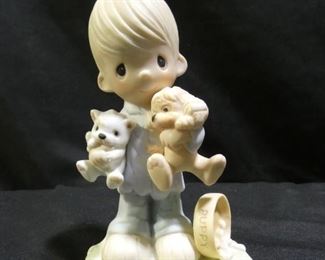 Precious Moments Boy Holding Cat & Dog