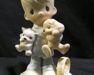 Precious Moments Boy Holding Cat & Dog
