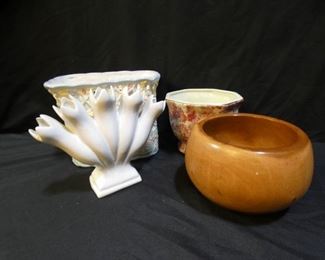 Hand Turned Cherry Bowl & Porcelain Planters