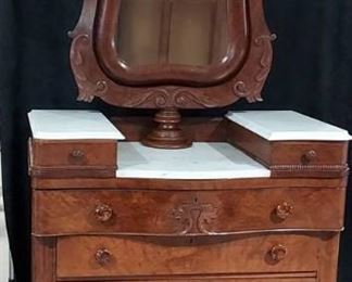 Beautiful Maple Topped Burl Wood Drop Center Dresser with Swing Pedestal Mirror