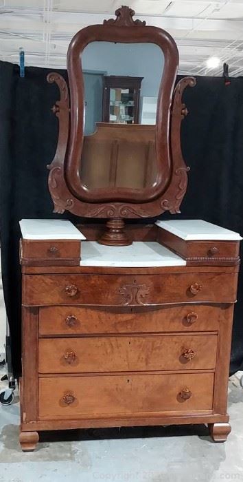 Beautiful Maple Topped Burl Wood Drop Center Dresser with Swing Pedestal Mirror