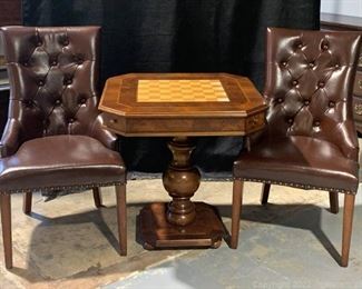 Pedestal Chess Checker Table and 2 Nailhead Parsons Chairs
